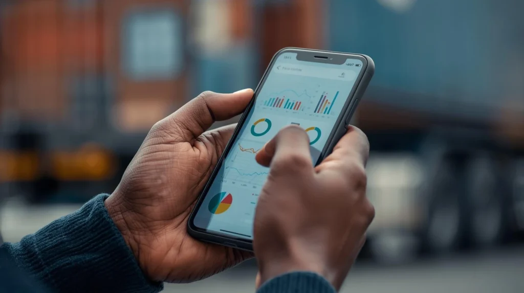 A freight forwarder using a mobile device to access the Diamond Star EPT Portal dashboard for real-time shipment tracking and gate pass management.