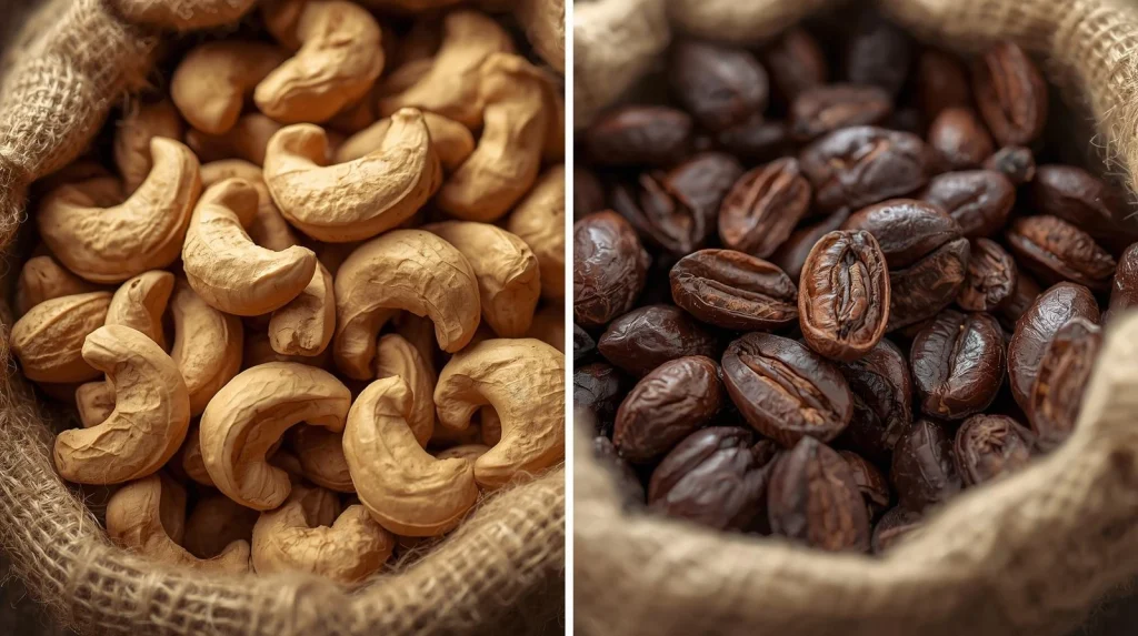 Close-up of high-quality Nigerian cocoa beans and cashew nuts in burlap sacks, ready for digital processing via the EPT portal.